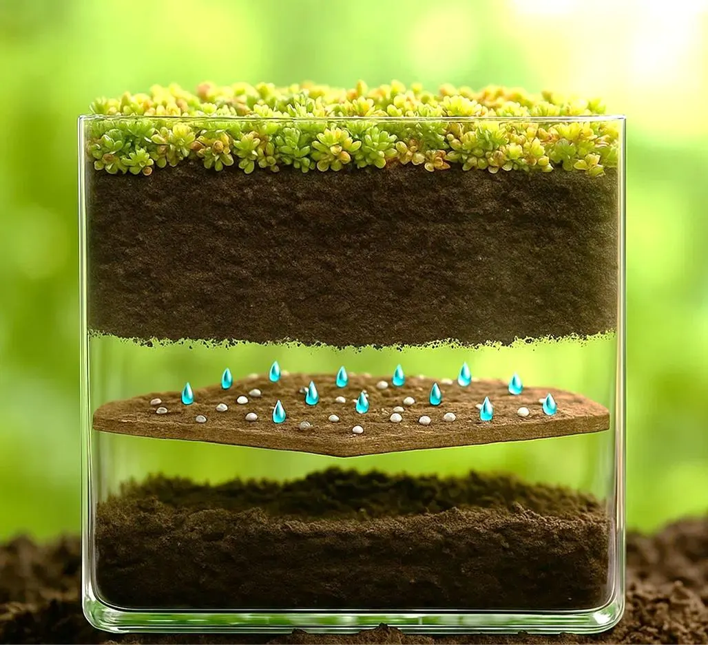 Schnitt durch ein Gründach mit SECALFLOR-Speicherschicht — Vegetation, Substrat und Wassertropfen im Speicherpanel