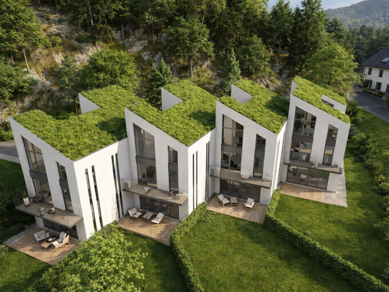 Vier moderne Stadthäuser mit extensiv begrünten Dächern am Hang